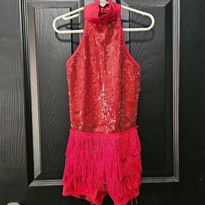 Weissman NWOT child intermediate dance costume red fringe jazz tap solo